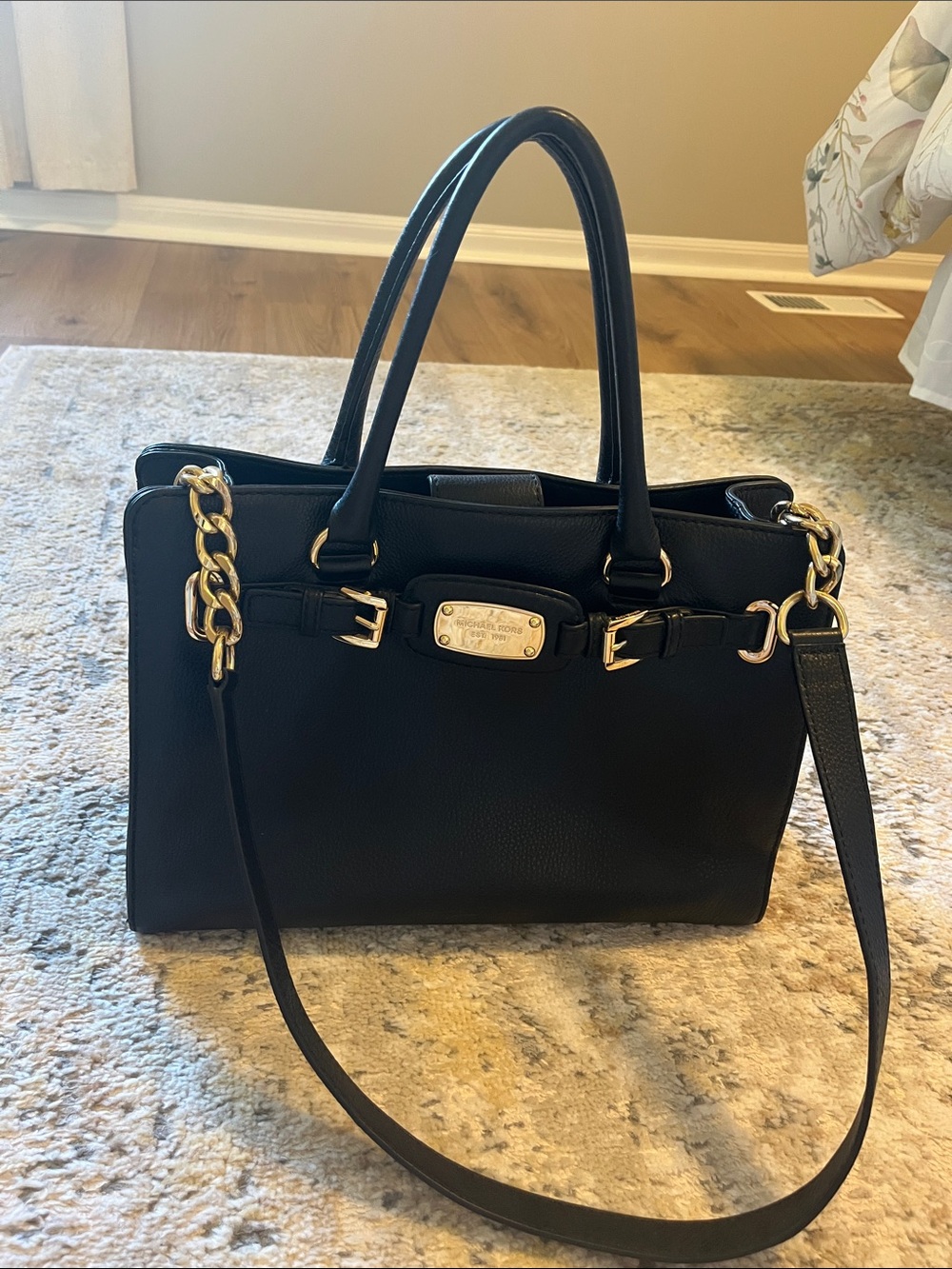 Michael Kors Black Leather Satchel with Gold-Tone Accents